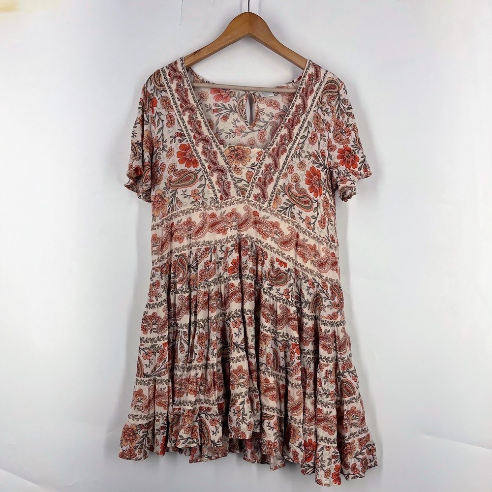 Patrons of Peace Womens Boho Paisley Floral Tiered Babydoll Dress Orange Cream M
